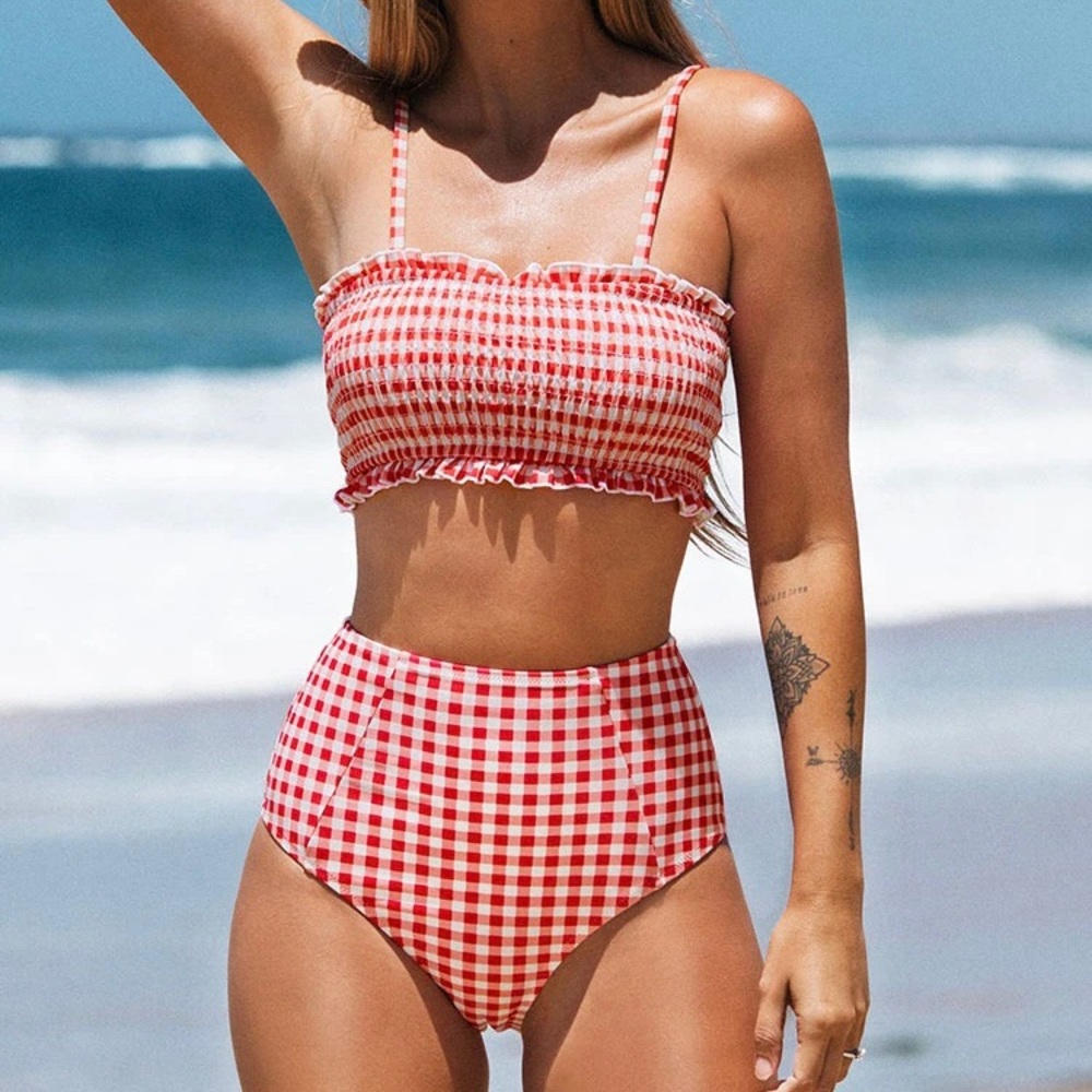 NEW! Red gingham smocked bikini